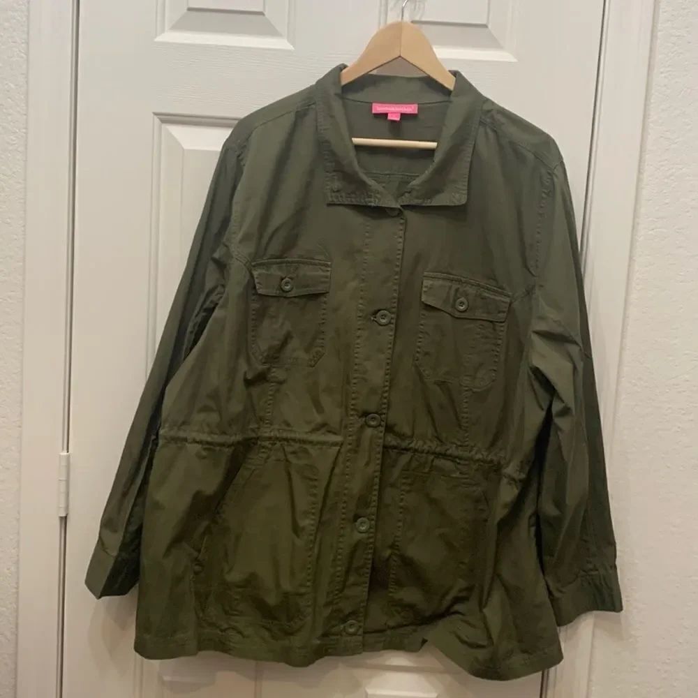 Woman Within Size 1X 💯 Cotton Army Green Fatigue Jacket  Adjustable Tie Waist